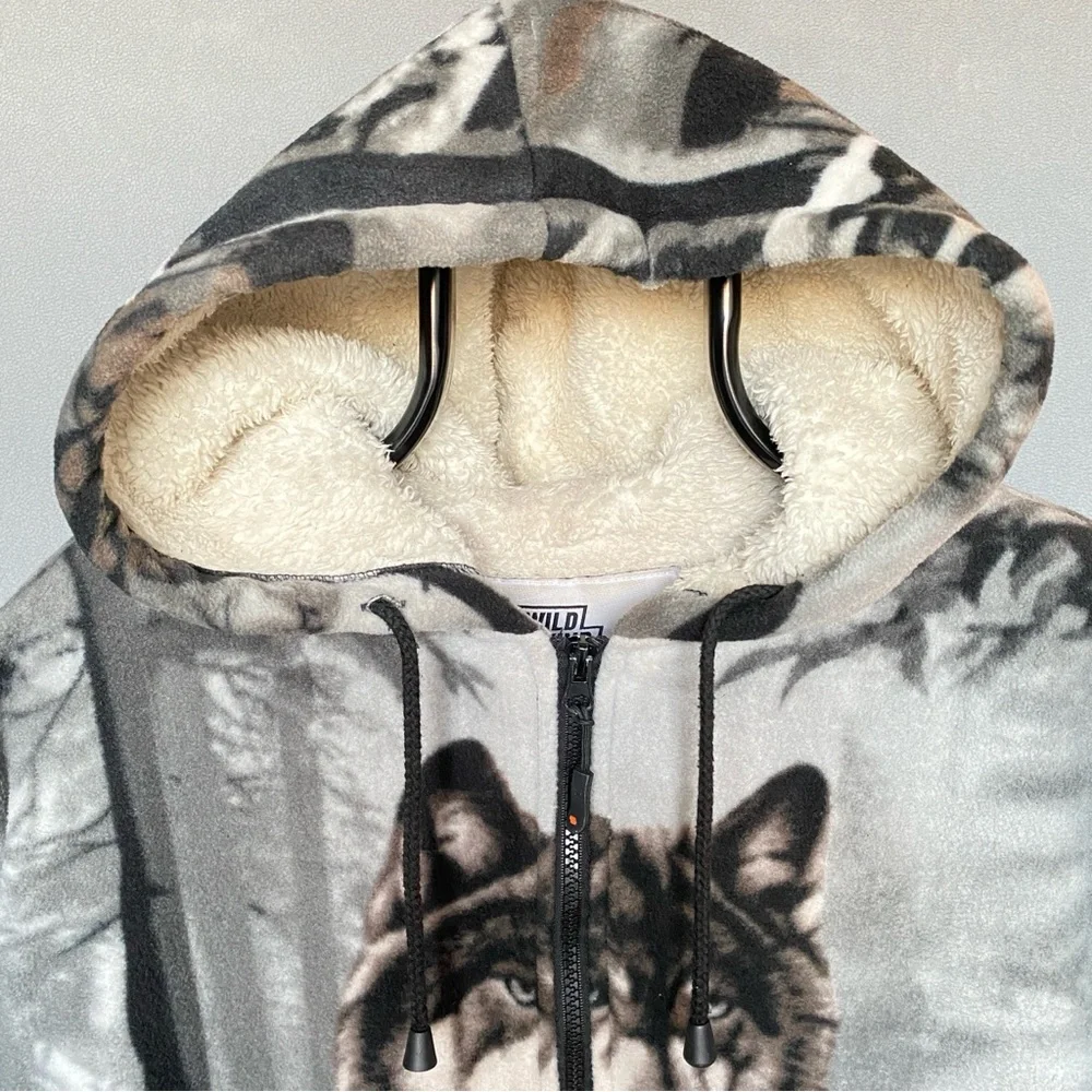WILDKIND Wolf Graphic Print Gray Hoodie Fleece Sherpa Lined Full Zip Men’s Sz M